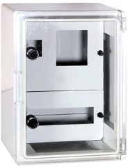 CP5211 Шкаф ударопрочный из АБС-пластика e.plbox.250.330.130.1f.2m.tr, 250х330х130мм, IP65 с прозрачной дверцей, панелью под 1 - фазный счетчик и 2 модуля - Метэнерго
