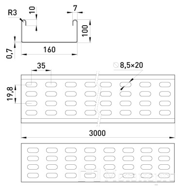 AA16-07 Лоток перфорированный 160х100, 3 м, толщ. 0,7 мм - Метэнерго AA16-07 Лоток перфорированный 160х100, 3 м, толщ. 0,7 мм - Метэнерго